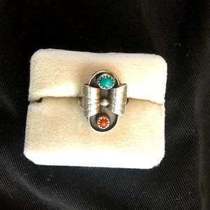 Silver ring with small turquoise & coral settings